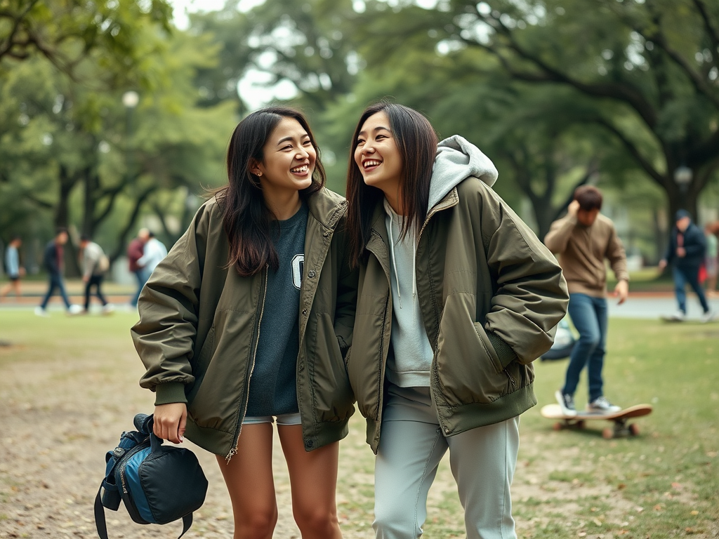 Deux jeunes femmes souriantes portant des vestes dans un parc, entourées de personnes en arrière-plan.