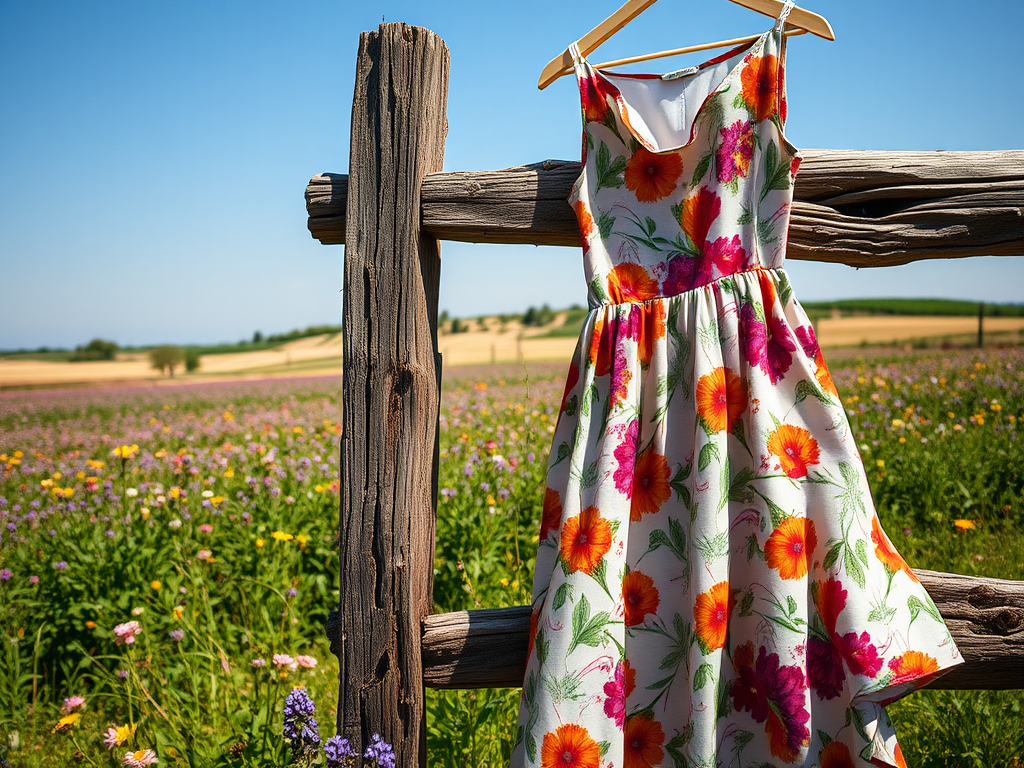 Une robe à fleurs suspendue à une clôture en bois dans un champ coloré sous un ciel bleu.