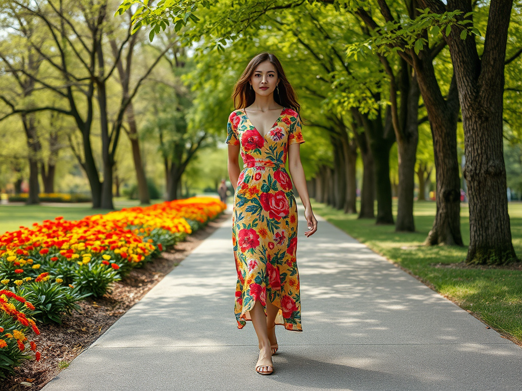 Une femme marche sur un chemin bordé de fleurs colorées dans un parc verdoyant, sous un ciel ensoleillé.