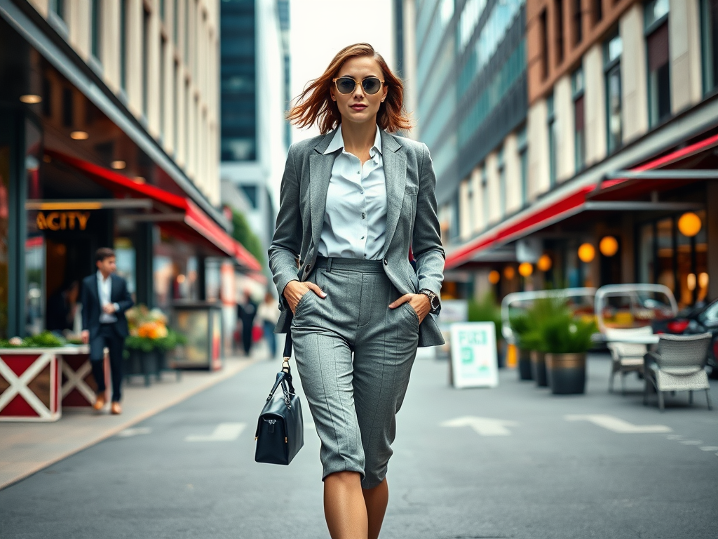 Une femme élégante en costume gris marche dans une rue urbaine, portant des lunettes de soleil et un sac à main.