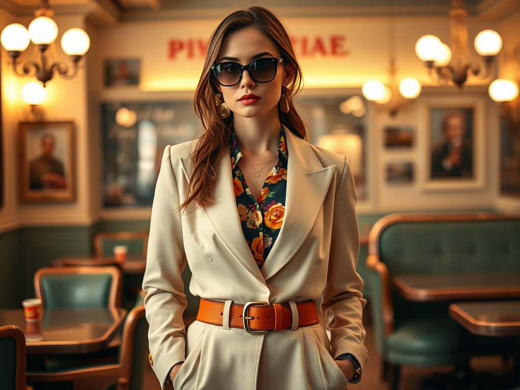 Une femme élégante en tenue beige et lunettes noires, posant dans un café au décor vintage.