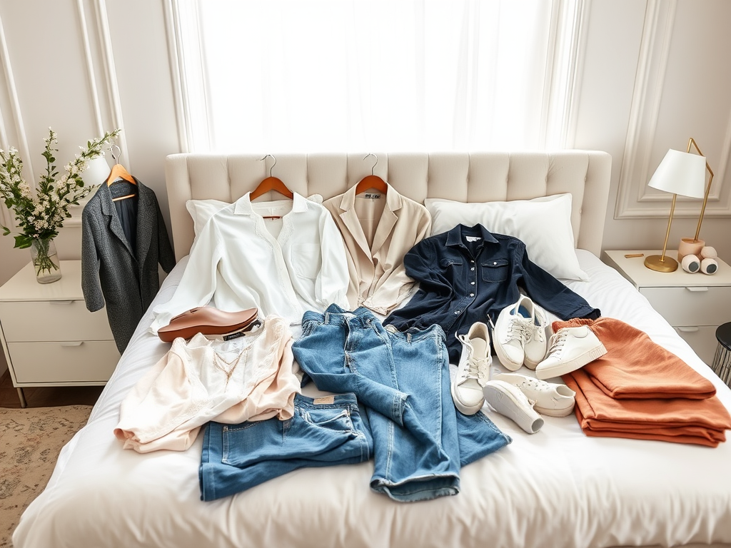 Des vêtements variés disposés sur un lit : chemises, jeans, chaussures et accessoires dans une ambiance moderne.