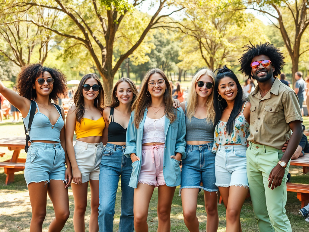 Un groupe de huit jeunes adultes souriant, habillés en été, dans un parc, entourés d'arbres et de tables en bois.