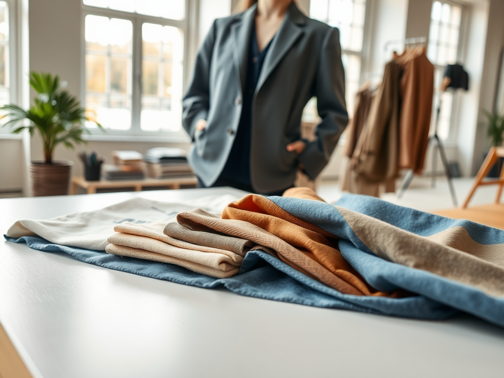 Un élégant vestiaire avec des vêtements pliés sur la table et une personne en arrière-plan, de style professionnel.