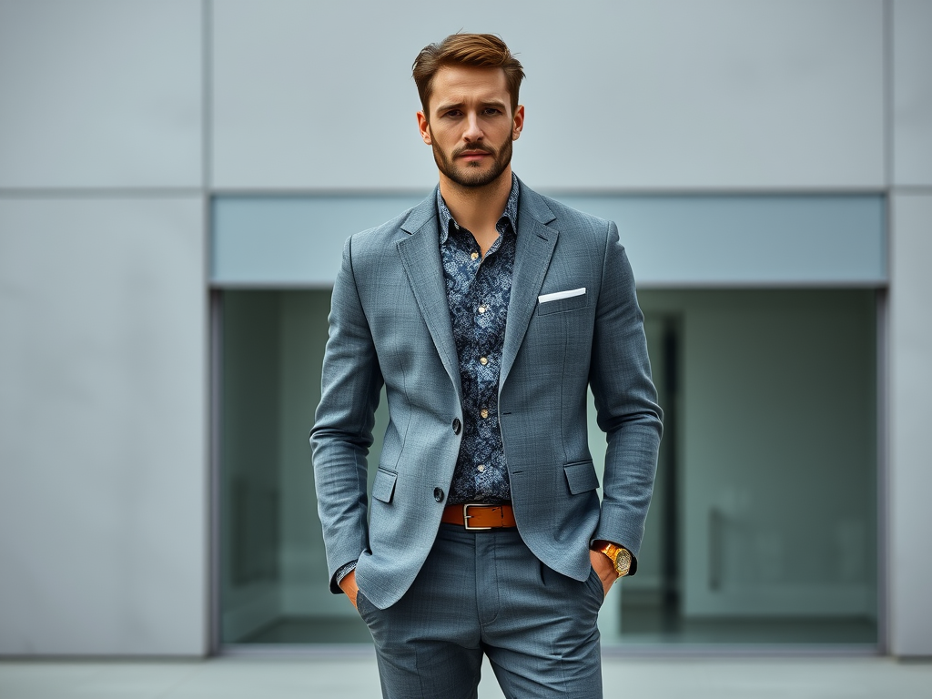 Un homme dans un costume gris élégant avec une chemise à motifs, se tenant devant un bâtiment moderne.