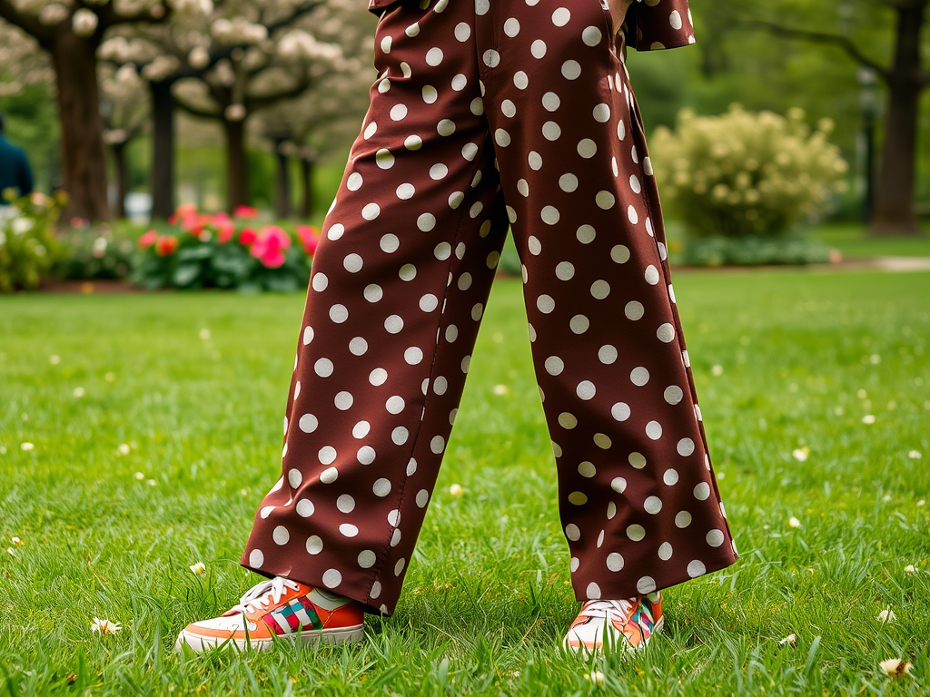 Une personne porte un pantalon marron à pois blancs et des baskets colorées dans un parc.