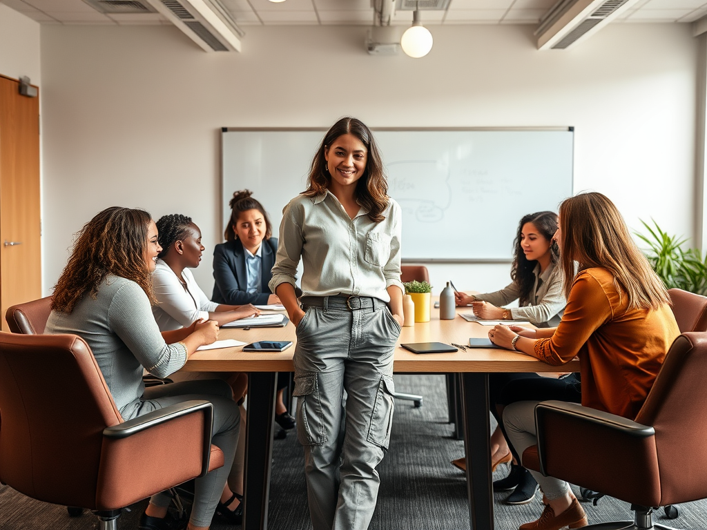 Une femme debout souriante devant une table de réunion avec d'autres femmes discutant autour d'elle.