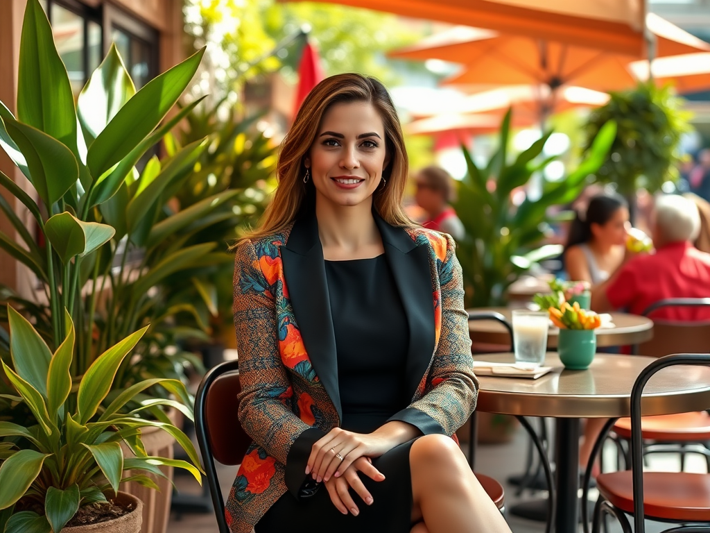 Une femme souriante, vêtue d'un blazer coloré, est assise dans un café entouré de plantes et de clients.