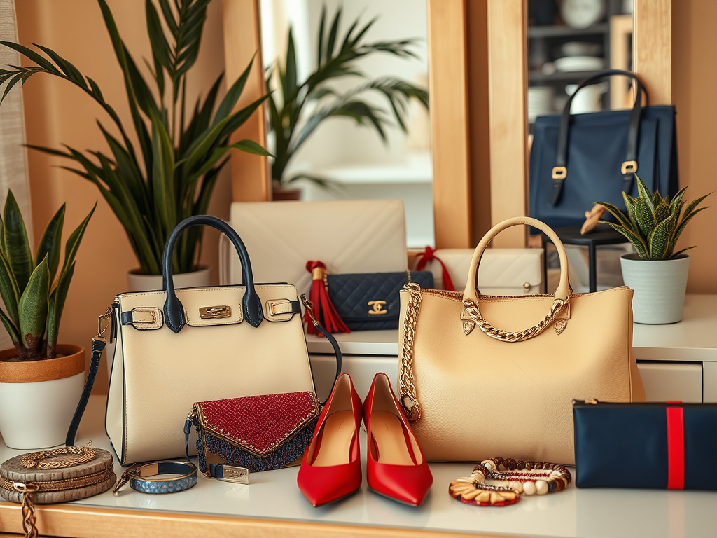 Des sacs à main élégants, des chaussures rouges et des accessoires décorent une table, entourés de plantes.