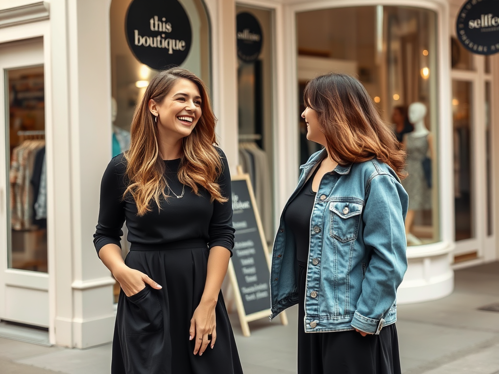 Deux femmes souriantes discutent devant une boutique, l'une en robe noire et l'autre en veste en jean.