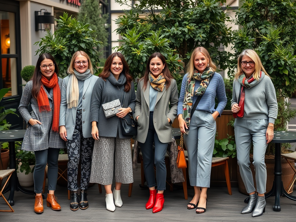 Six femmes élégantes, vêtues de tenues assorties et souriantes, posent devant des plantes vertes.