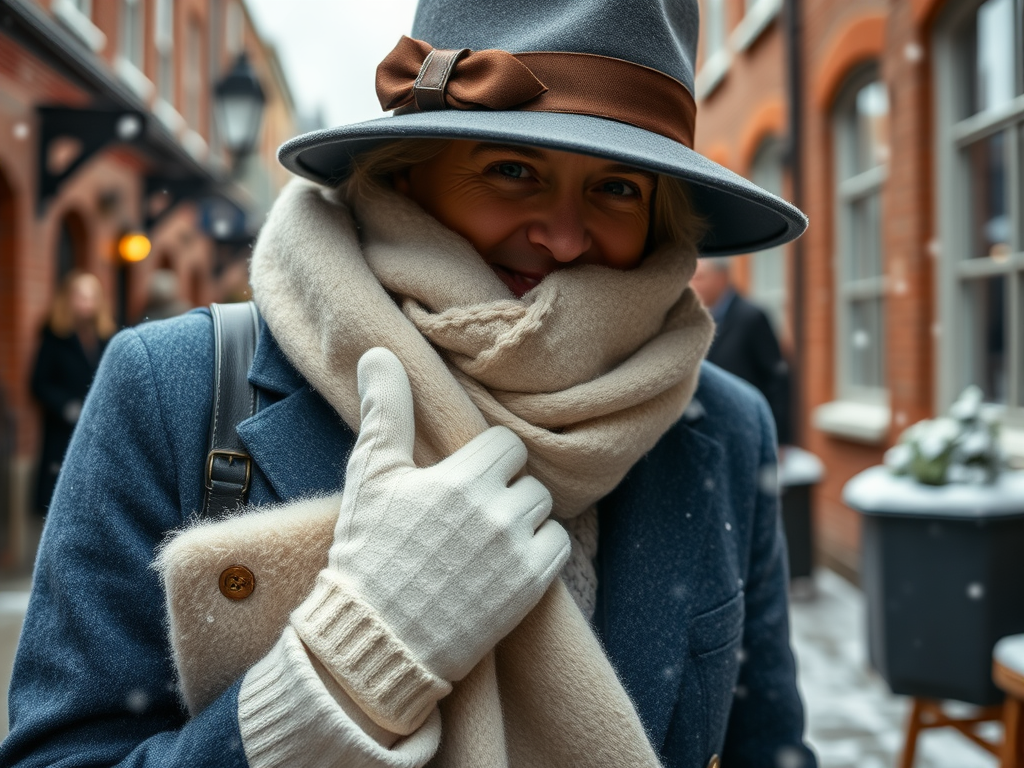 Une femme souriante avec un chapeau gris et une écharpe beige se tient dans une rue enneigée.