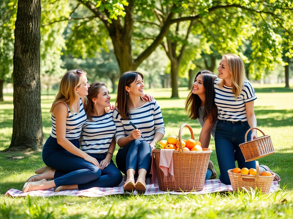 Un groupe de cinq amies en tee-shirts rayés, assises sur une couverture, entourées de paniers de fruits.