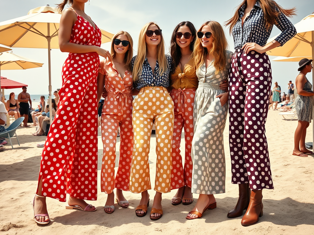 Un groupe de femmes porte des combinaisons à pois colorés sur la plage, sous des parasols. Ambiance estivale.