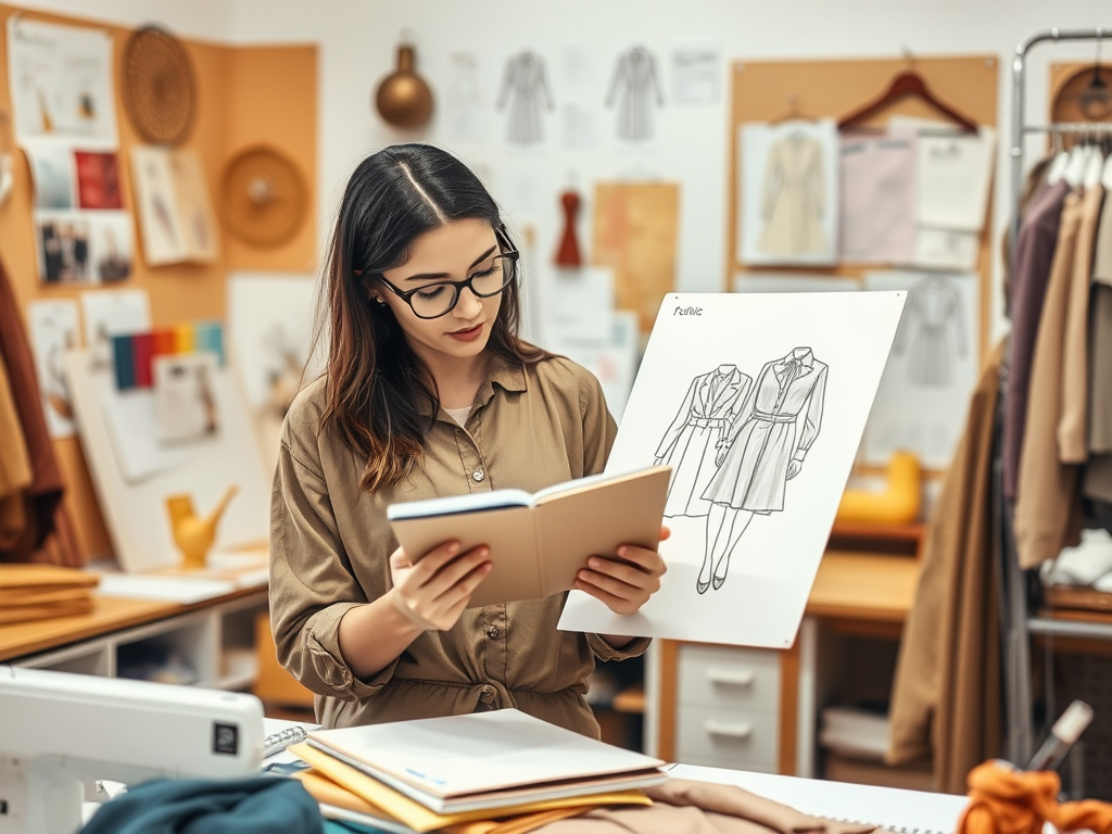 Une femme lit un livre tout en examinant des croquis de vêtements dans un atelier de mode.