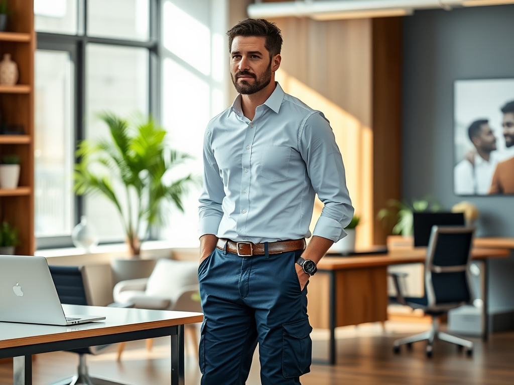 Un homme en chemise claire se tient dans un bureau moderne, regardant pensivement par la fenêtre.