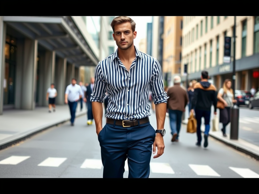 Un homme élégant marche dans la rue, vêtu d'une chemise rayée et d'un pantalon, tandis que d'autres piétons se déplacent.