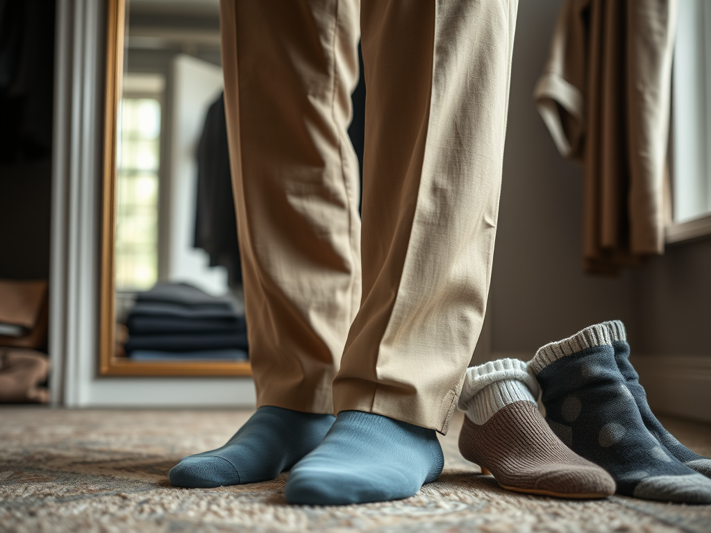 Un homme porte un pantalon beige et des chaussettes bleues, des chaussettes à pois se trouvent à ses pieds.