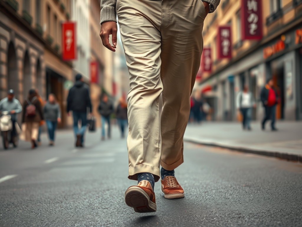 Un homme marche sur une rue animée, portant un pull, un pantalon beige et des baskets marron.