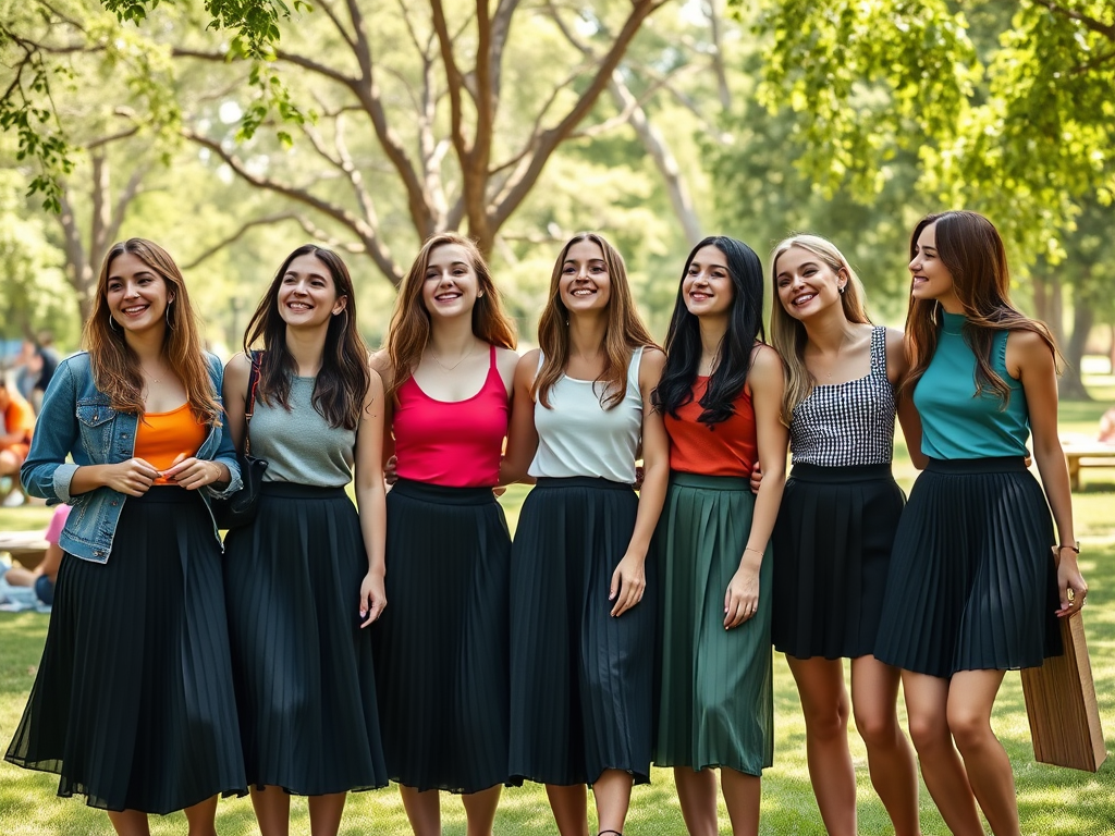 Sept femmes souriantes, vêtues de jupes plissées, se tiennent côte à côte dans un parc ensoleillé.